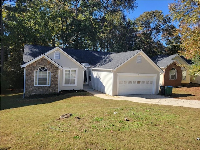 ranch-style house with a garage and a front lawn