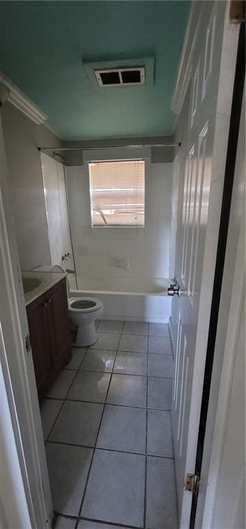 full bath featuring visible vents, shower / bathing tub combination, toilet, vanity, and tile patterned flooring