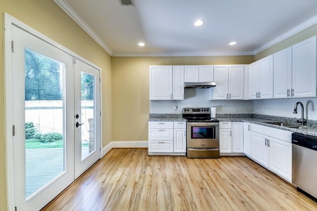 kitchen with ornamental molding, white cabinetry, under cabinet range hood, a sink, and stainless steel appliances