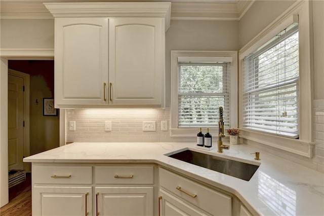 kitchen featuring backsplash, sink, white cabinetry, and ornamental molding