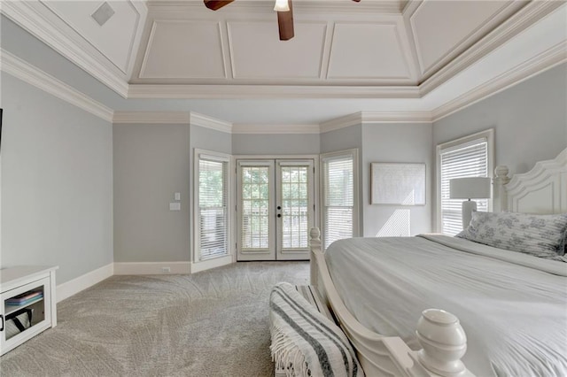 bedroom featuring access to exterior, ceiling fan, crown molding, light carpet, and french doors