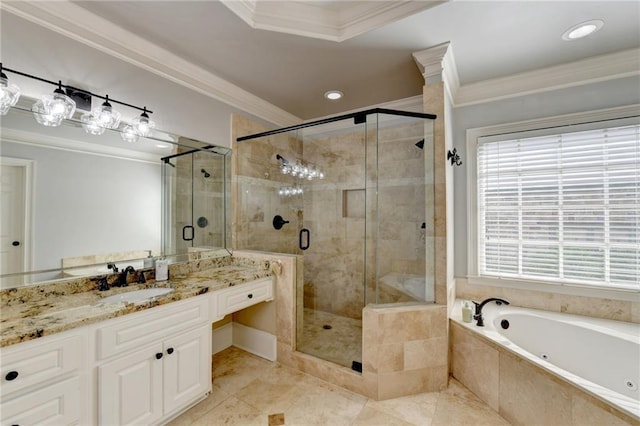 bathroom featuring tile flooring, ornamental molding, shower with separate bathtub, and vanity