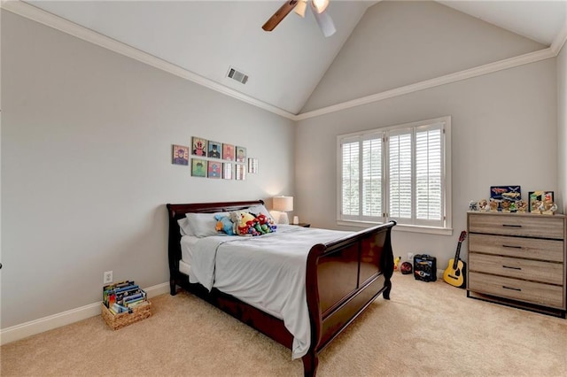 carpeted bedroom with high vaulted ceiling, ceiling fan, and crown molding