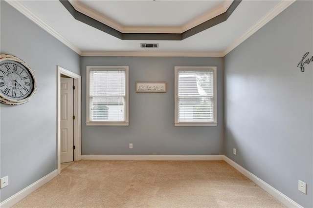 empty room featuring ornamental molding, a raised ceiling, and light colored carpet