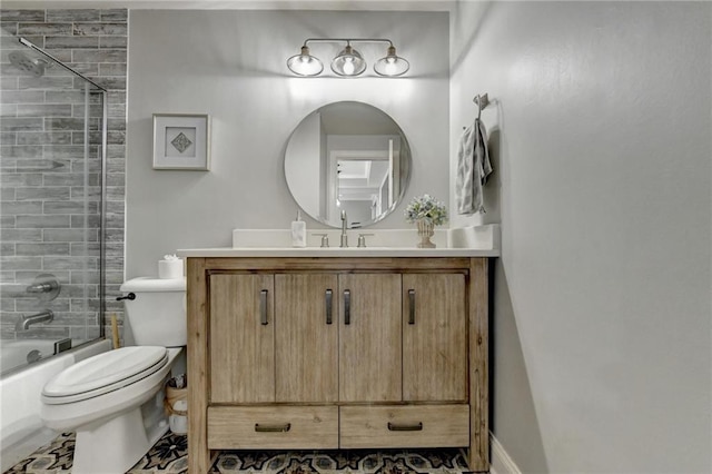 full bathroom featuring tile flooring, combined bath / shower with glass door, vanity, and toilet