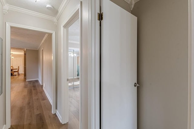 hall with ornamental molding, a textured ceiling, and light wood-type flooring