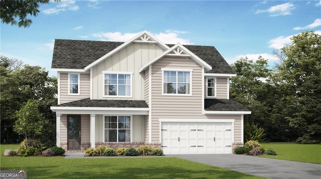 craftsman inspired home featuring roof with shingles, an attached garage, driveway, a front lawn, and board and batten siding