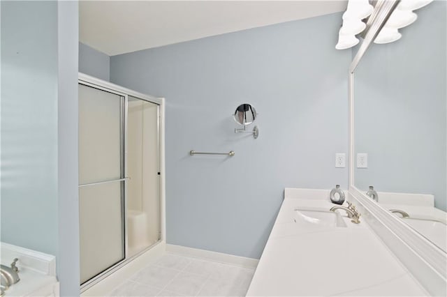 full bath with a bathing tub, a shower stall, and vanity