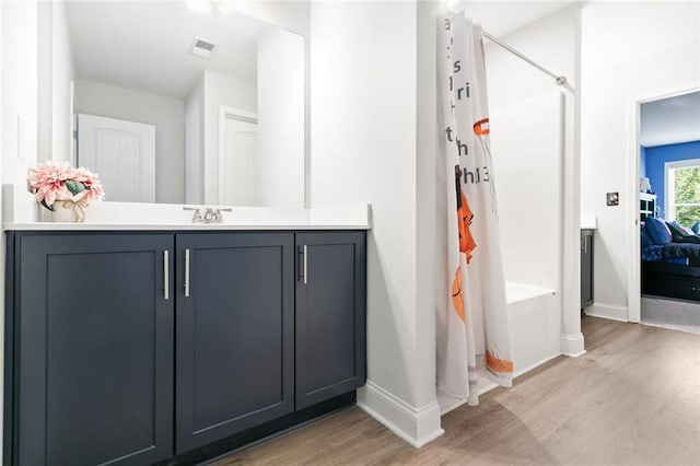 138 Daffodil Lndg, Dallas, GA 30132 - bathroom featuring wood finished floors, baseboards, vanity, and shower / tub combo with curtain