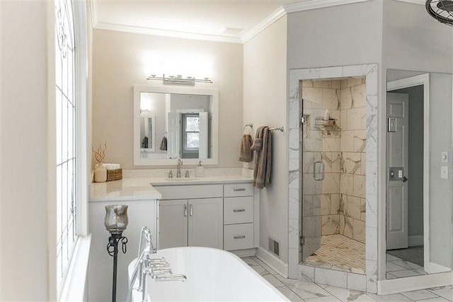 bathroom featuring vanity, crown molding, and shower with separate bathtub