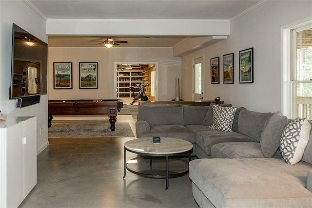 living room featuring billiards, ornamental molding, concrete floors, and ceiling fan