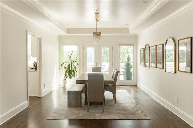 dining area with ornamental molding, a tray ceiling, and dark hardwood / wood-style flooring