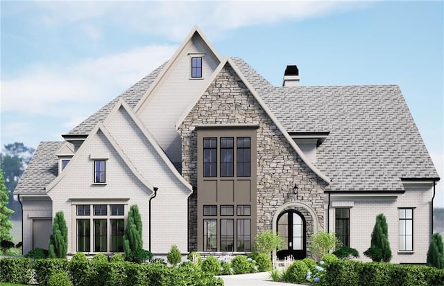 view of front of home with a chimney, stone siding, a shingled roof, and brick siding