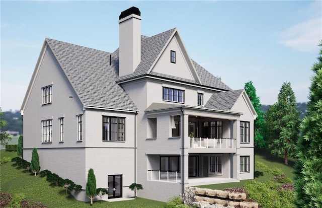 rear view of house featuring a balcony, a patio area, a chimney, and a lawn