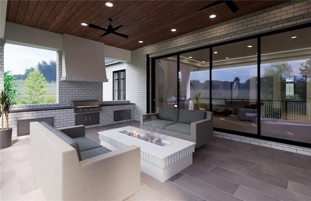 view of patio featuring an outdoor kitchen, a ceiling fan, area for grilling, and an outdoor living space with a fire pit