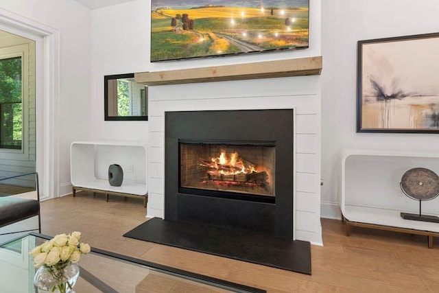 3610 Burnt Bridge Rd, Cumming, GA 30028 - detailed view of wood finished floors, a warm lit fireplace, and baseboards
