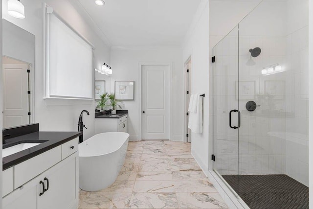 3610 Burnt Bridge Rd, Cumming, GA 30028 - full bathroom with a shower stall, two vanities, marble finish floors, a freestanding bath, and recessed lighting