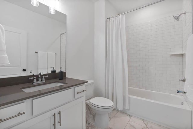 3610 Burnt Bridge Rd, Cumming, GA 30028 - bathroom featuring vanity, toilet, shower / tub combo, and marble look tiles