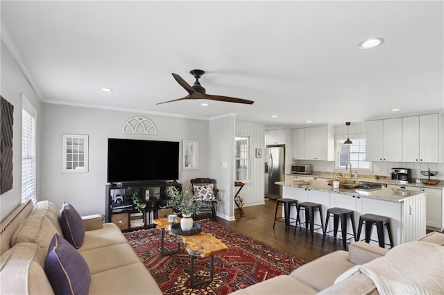 living room featuring dark wood-type flooring, ceiling fan, ornamental molding, and sink