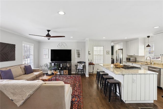 living room featuring ornamental molding, dark hardwood / wood-style floors, and sink