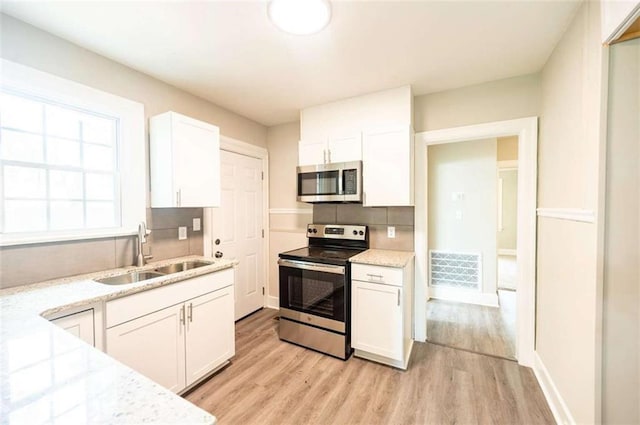 kitchen with appliances with stainless steel finishes, white cabinetry, tasteful backsplash, light hardwood / wood-style floors, and sink