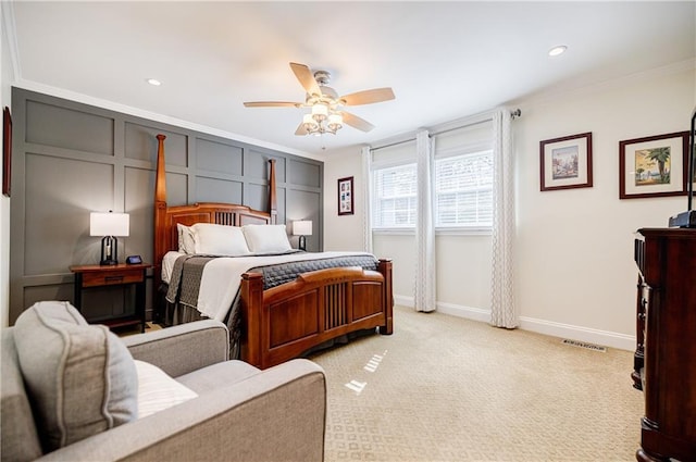 bedroom featuring baseboards, visible vents, light colored carpet, ceiling fan, and recessed lighting