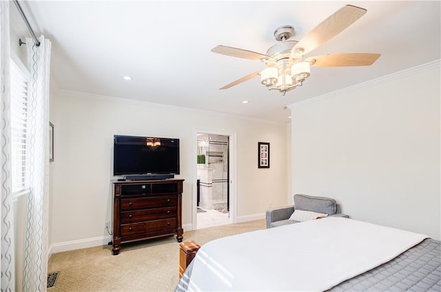 bedroom featuring crown molding, recessed lighting, light colored carpet, visible vents, and baseboards