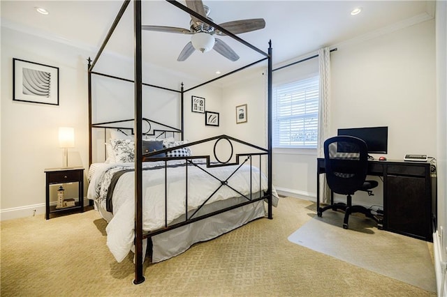 bedroom featuring ornamental molding, recessed lighting, carpet flooring, and baseboards