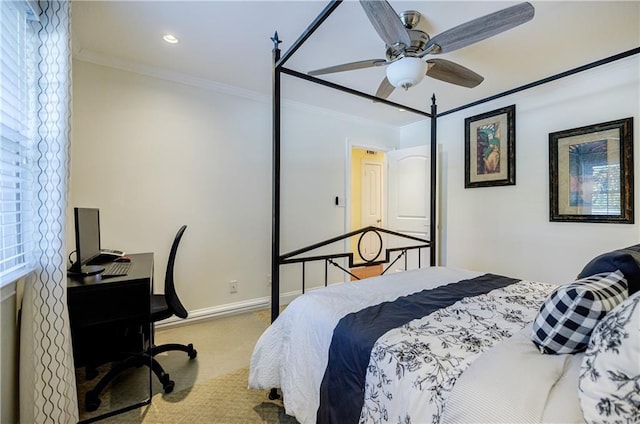 bedroom featuring carpet floors, recessed lighting, ornamental molding, ceiling fan, and baseboards