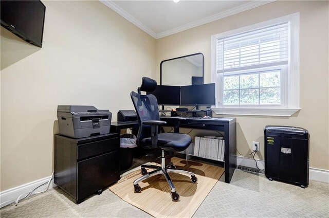 office featuring ornamental molding and baseboards