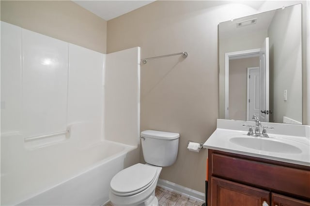 full bath featuring visible vents, toilet, shower / bathing tub combination, baseboards, and vanity