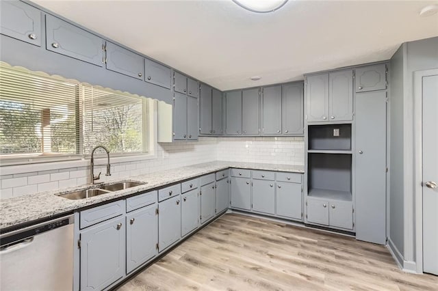 kitchen with light wood-style flooring, a sink, stainless steel dishwasher, gray cabinets, and decorative backsplash