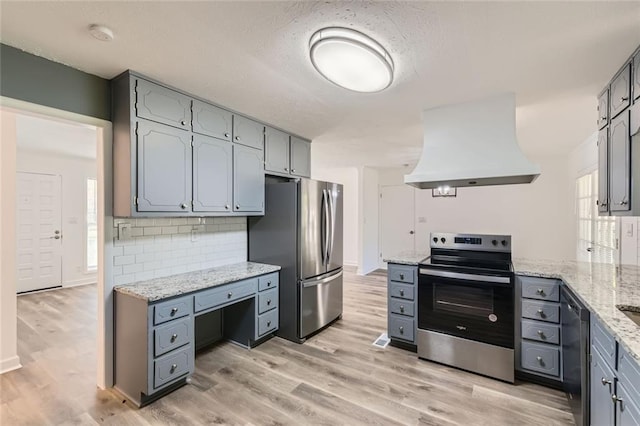 kitchen featuring light wood-style floors, appliances with stainless steel finishes, island range hood, and gray cabinets