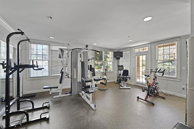 exercise room featuring recessed lighting and baseboards