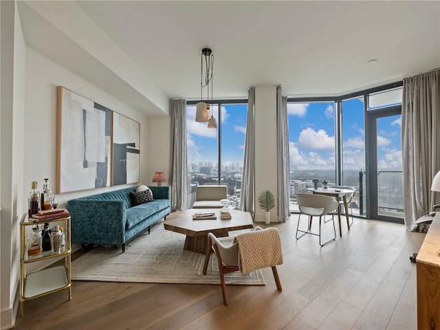 living room with floor to ceiling windows, hardwood / wood-style floors, and a wealth of natural light