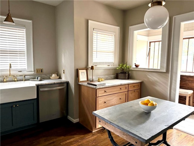 kitchen with dark wood-type flooring, decorative light fixtures, a wealth of natural light, and stainless steel dishwasher