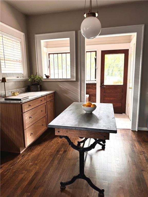 dining space with dark wood-type flooring