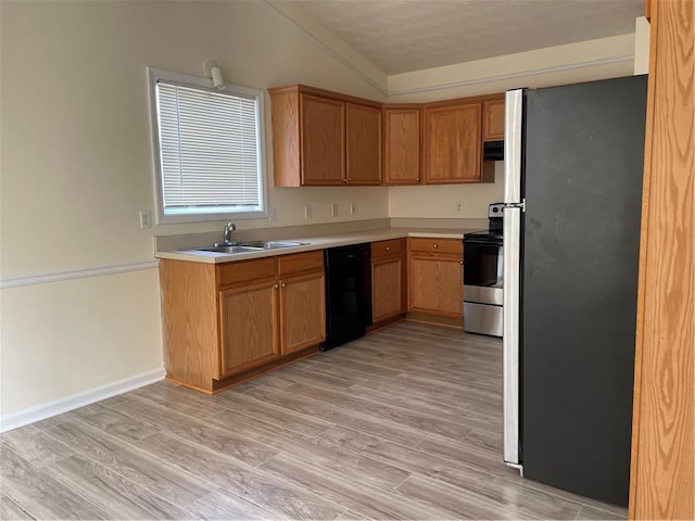 kitchen with appliances with stainless steel finishes, light hardwood / wood-style floors, vaulted ceiling, and sink