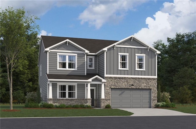 craftsman-style home with a garage, stone siding, board and batten siding, and concrete driveway