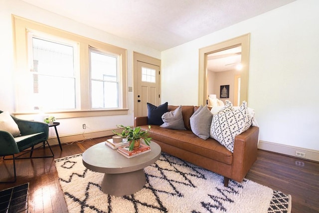 living area featuring baseboards and wood finished floors