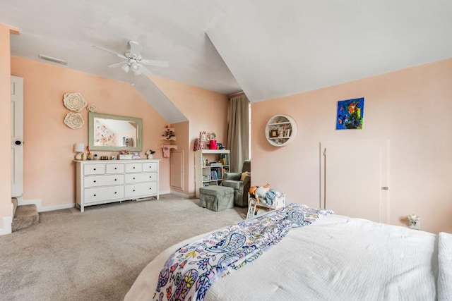 carpeted bedroom featuring vaulted ceiling, ceiling fan, visible vents, and baseboards