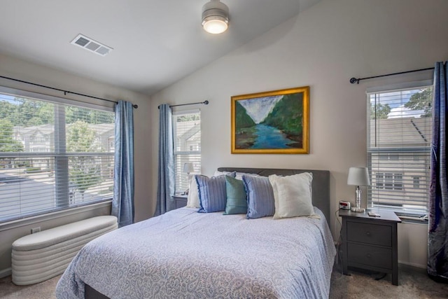 carpeted bedroom with multiple windows and lofted ceiling