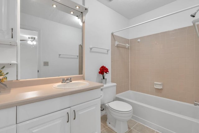 full bath with tile patterned flooring, vanity, toilet, and shower / washtub combination