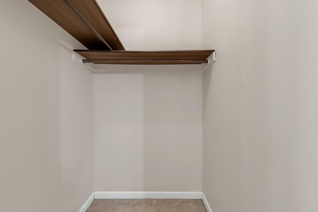 walk in closet featuring light carpet