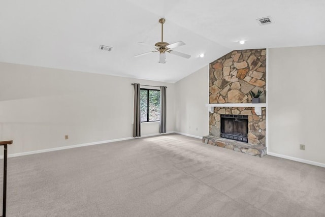 unfurnished living room with ceiling fan, visible vents, vaulted ceiling, baseboards, and carpet