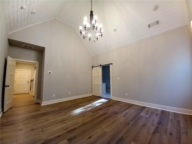 136 Rainey Rd, Temple, GA 30179 - unfurnished dining area featuring a barn door, a chandelier, dark wood finished floors, high vaulted ceiling, and wood ceiling