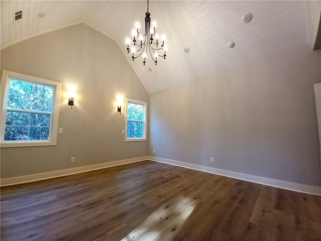 136 Rainey Rd, Temple, GA 30179 - spare room with a chandelier, high vaulted ceiling, and dark wood-style floors