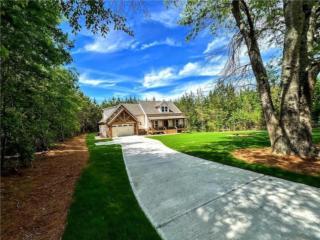 136 Rainey Rd, Temple, GA 30179 - craftsman-style home with concrete driveway, a porch, stone siding, a front lawn, and an attached garage