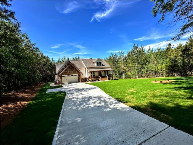 136 Rainey Rd, Temple, GA 30179 - craftsman-style house with covered porch, concrete driveway, a front yard, a garage, and stone siding