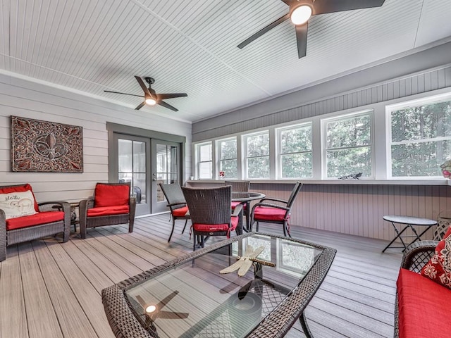 430 Cajun Dr, Ellijay, GA 30540 - sunroom featuring french doors, a deck, wood finished floors, and wood walls